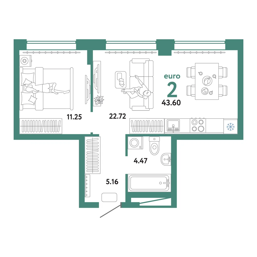 Планировка: Домашний 2-комнатная 43,60м²