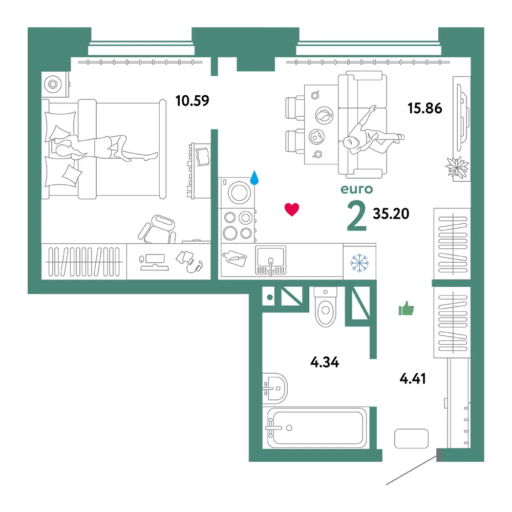 Планировка: Домашний 2-комнатная 35,20м²