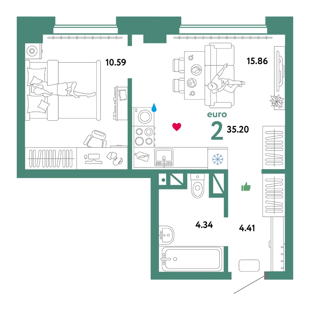 Планировка: Домашний 2-комнатная 35,20м²