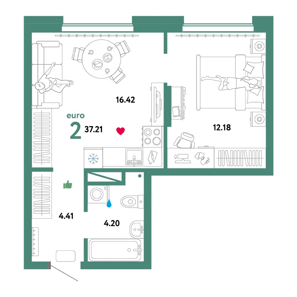 Планировка: Домашний 2-комнатная 37,21м²