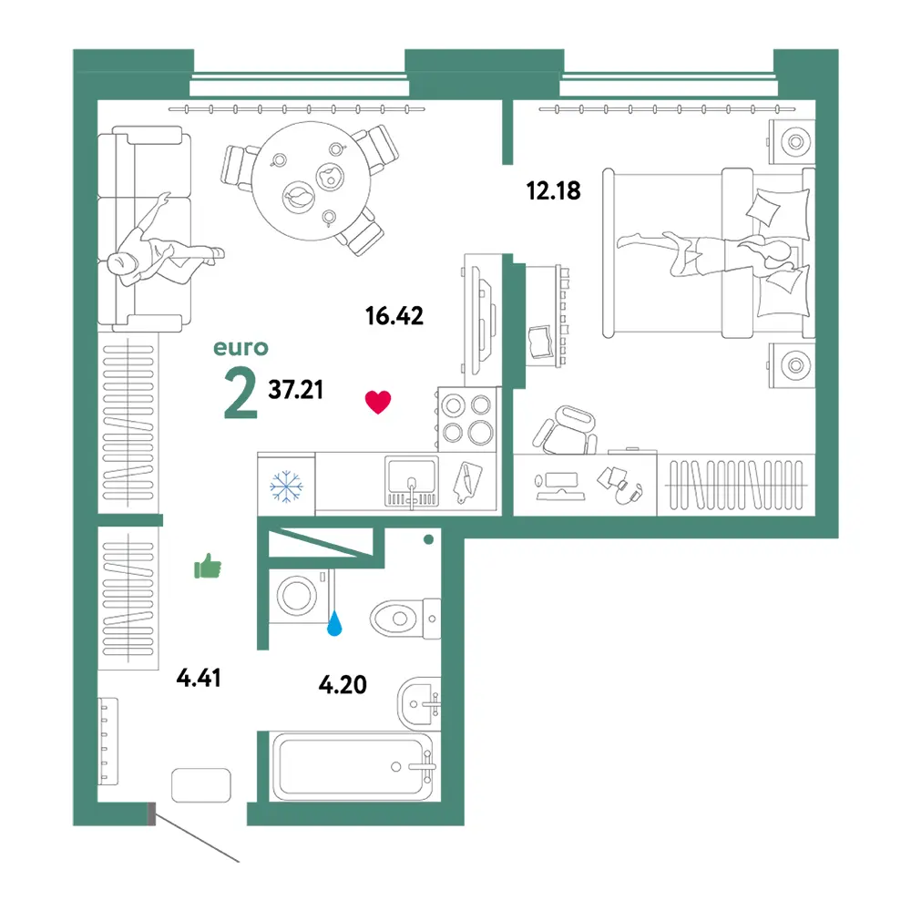 Планировка: Домашний 2-комнатная 37,21м²