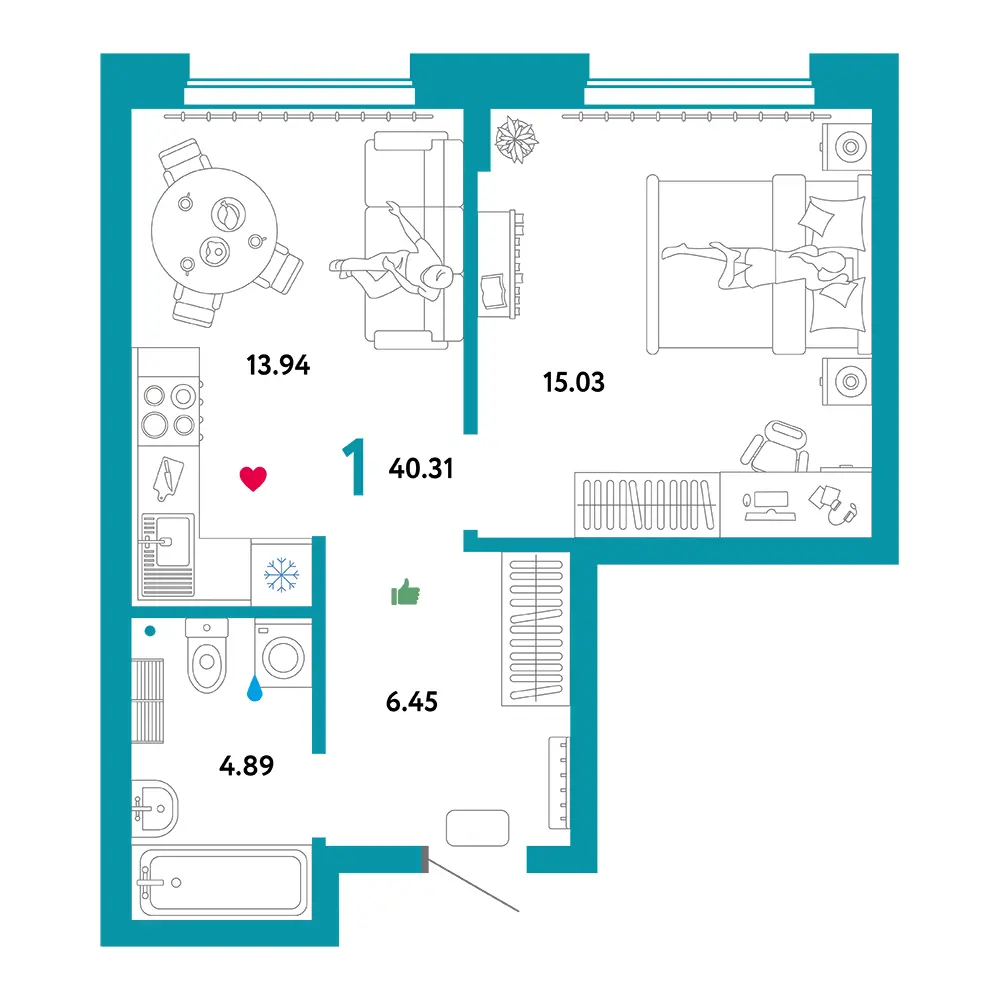 Планировка: Домашний 1-комнатная 40,31м²