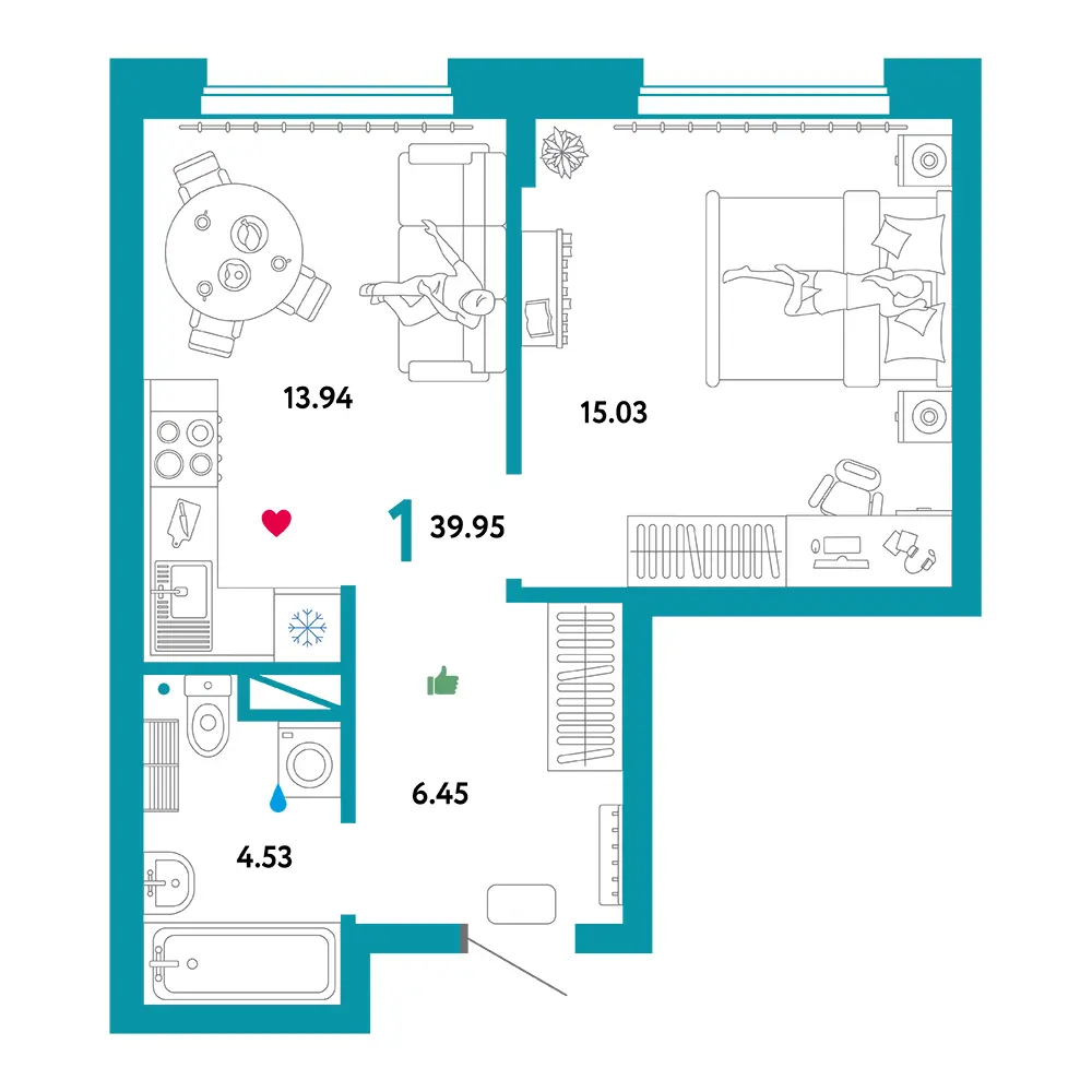 Планировка: Домашний 1-комнатная 39,95м²