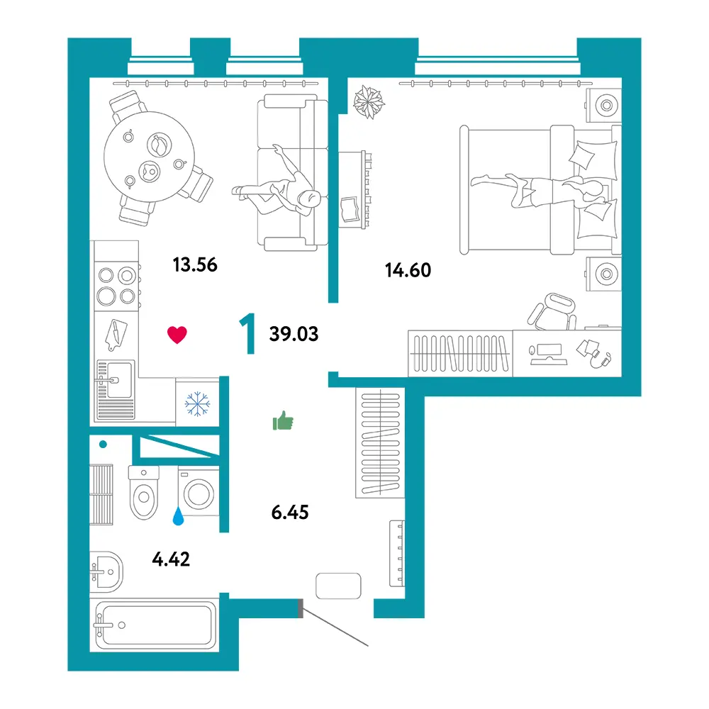 Планировка: Домашний 1-комнатная 39,03м²