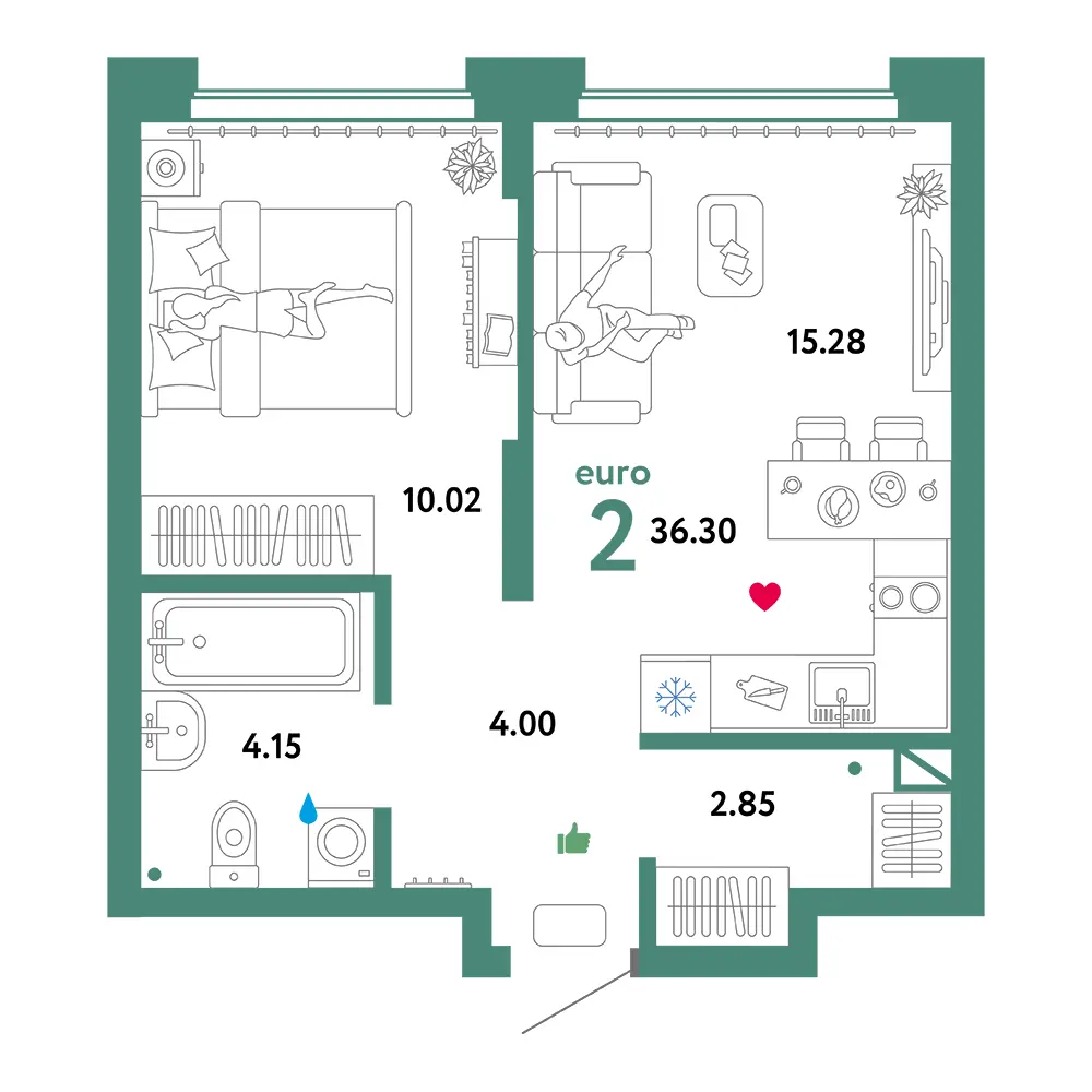 Планировка: Домашний 2-комнатная 36,30м²