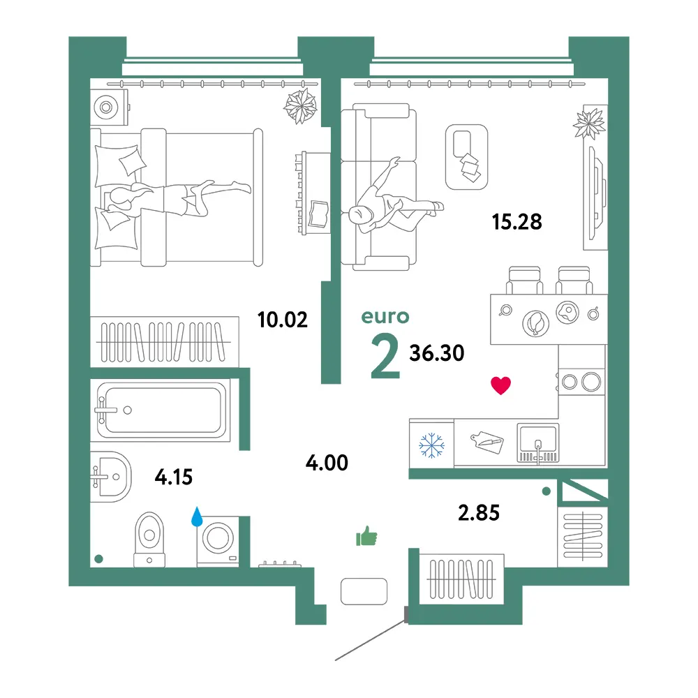 Планировка: Домашний 2-комнатная 36,30м²