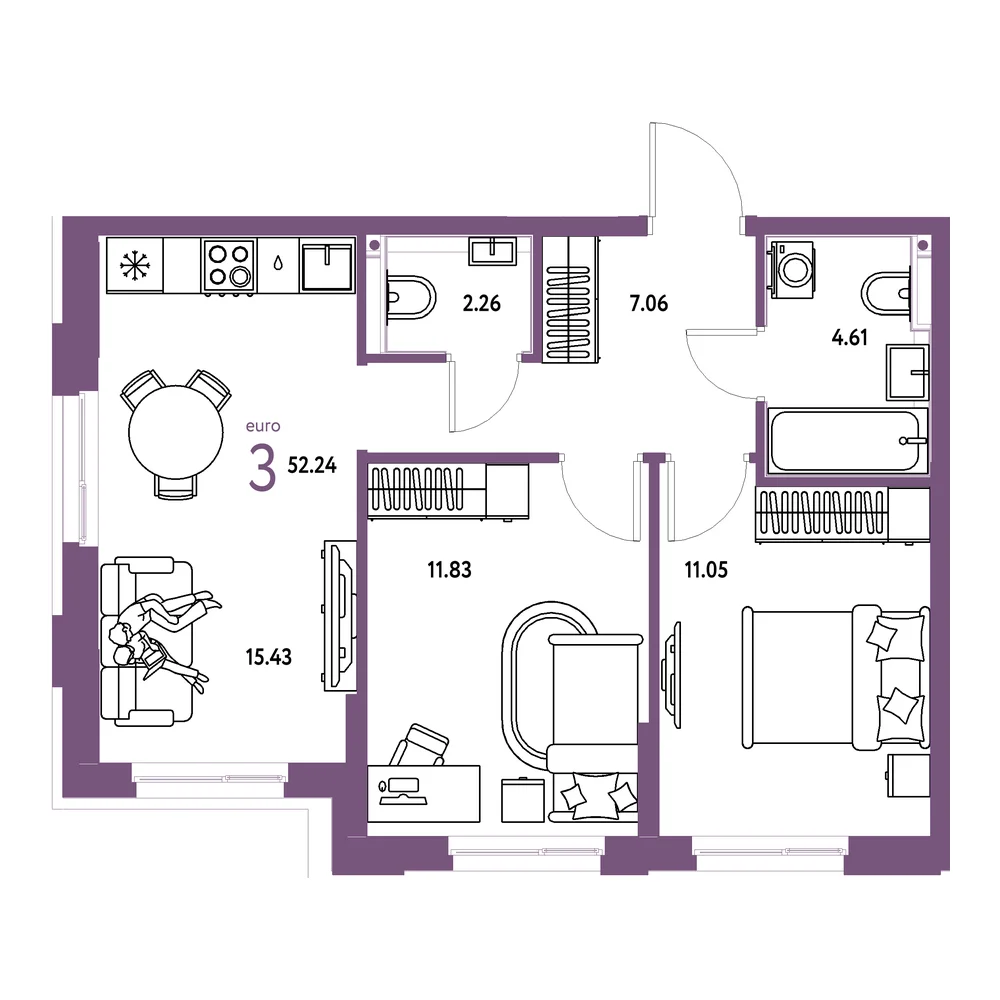 Планировка: Домашний 3-комнатная 52,24м²