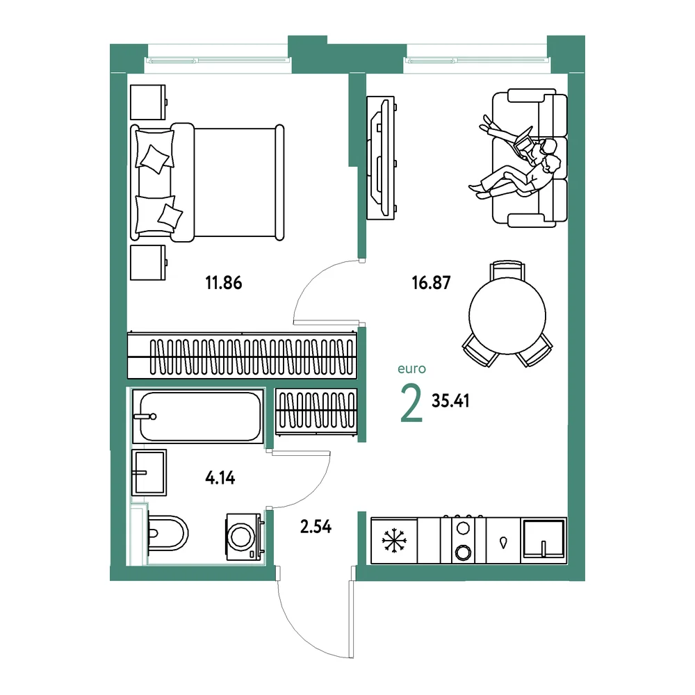 Планировка: Домашний 2-комнатная 35,41м²