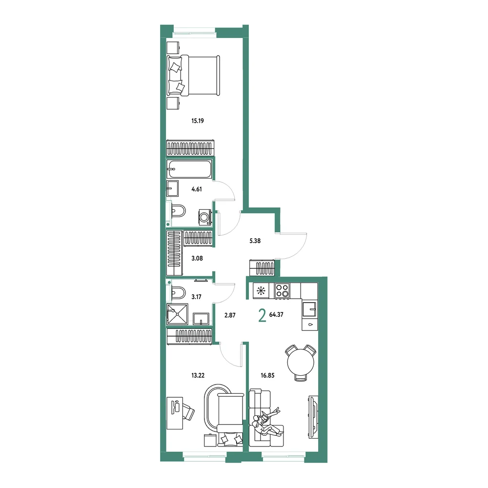 Планировка: Домашний 2-комнатная 64,37м²