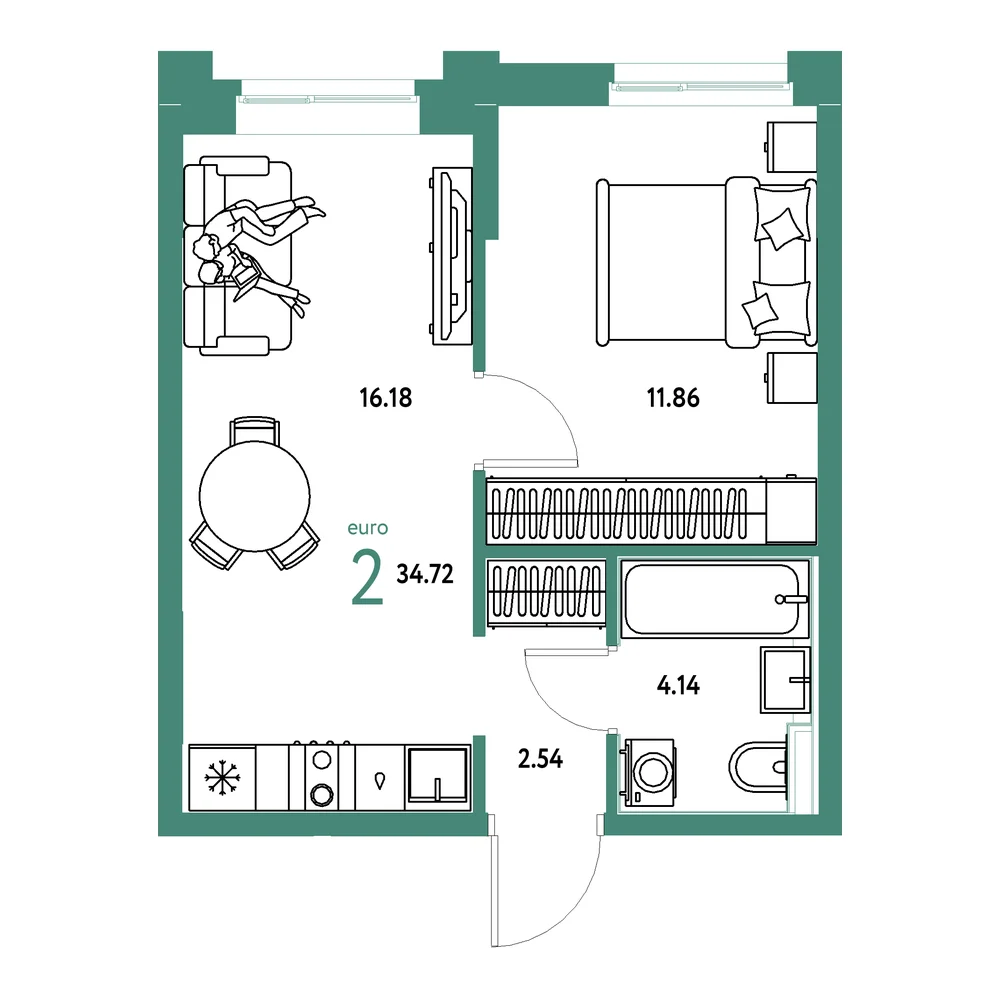 Планировка: Домашний 2-комнатная 34,72м²