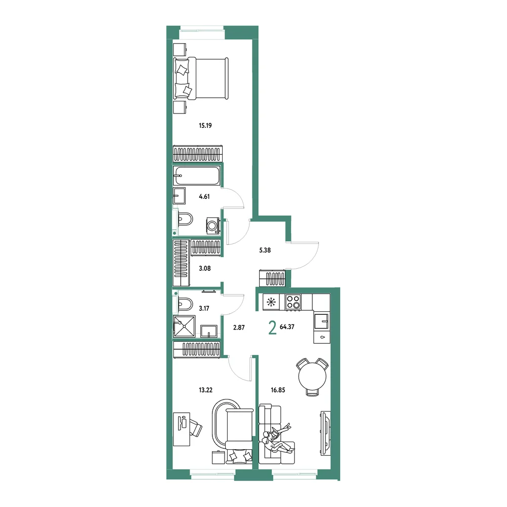 Планировка: Домашний 2-комнатная 64,37м²