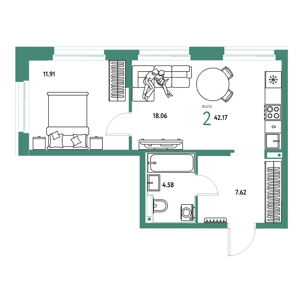 Планировка: Домашний 2-комнатная 42,17м²
