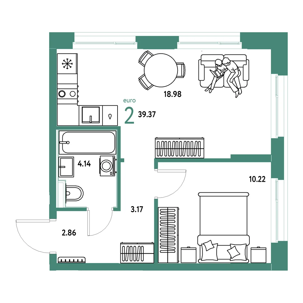 Планировка: Домашний 2-комнатная 39,37м²