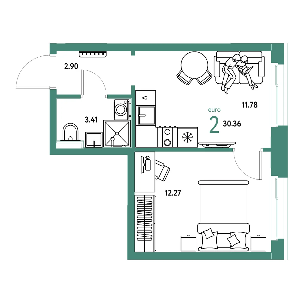 Планировка: Домашний 2-комнатная 30,36м²