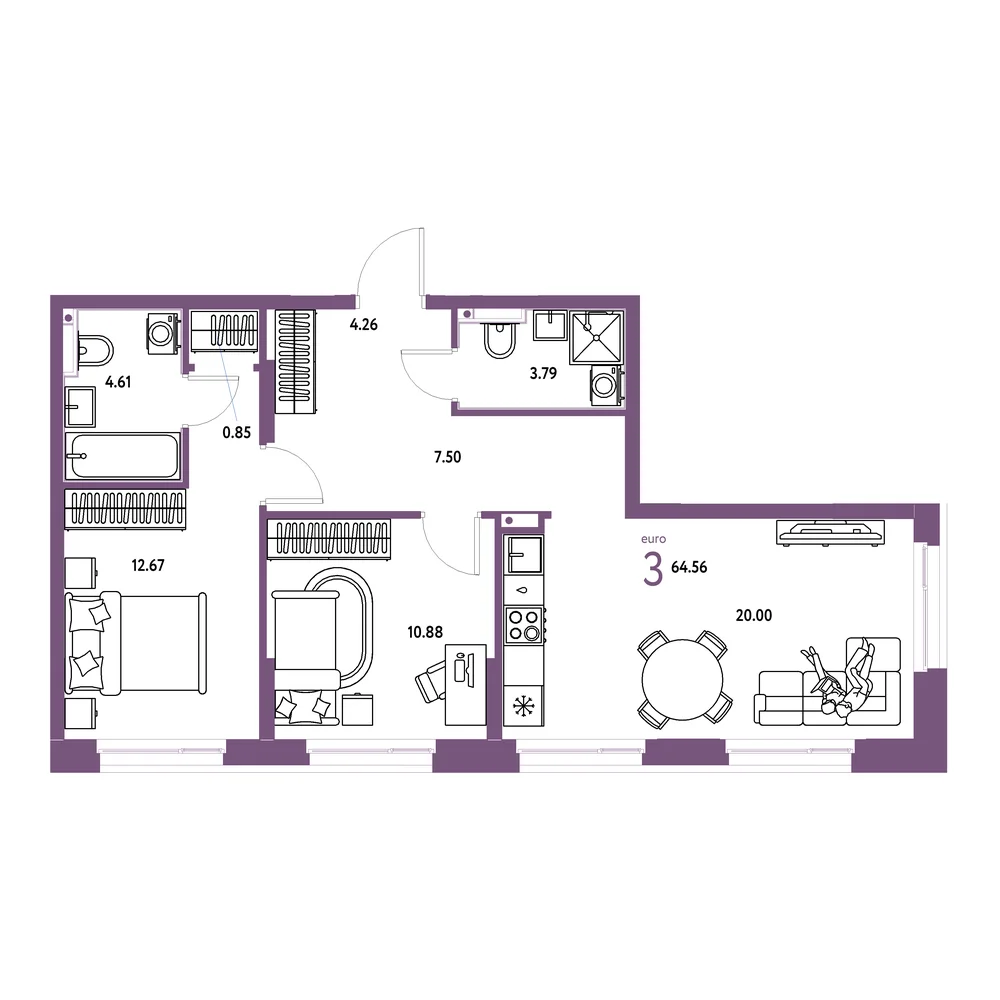 Планировка: Домашний 3-комнатная 64,67м²