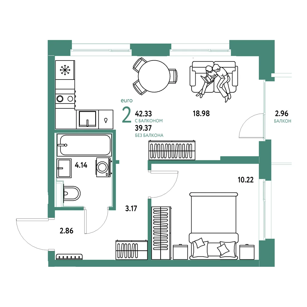 Планировка: Домашний 2-комнатная 42,33м²