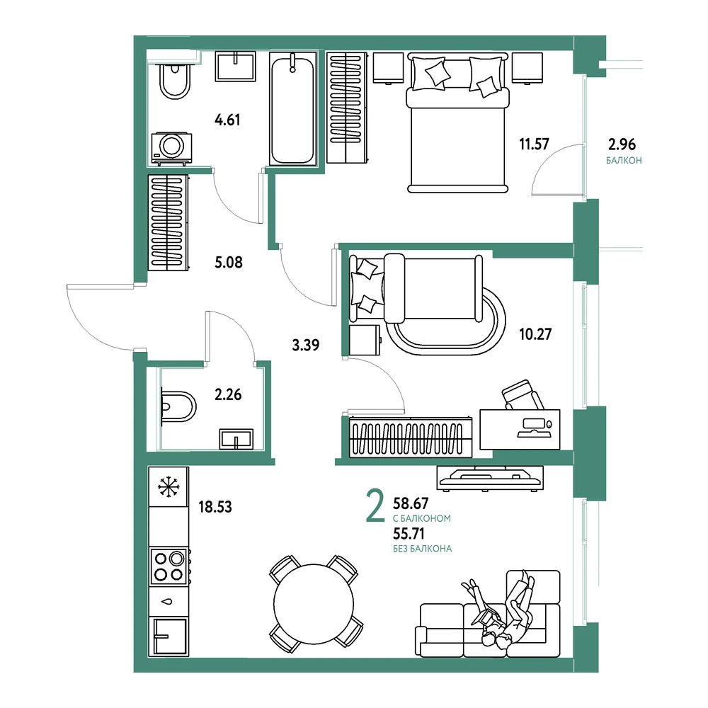 Планировка: Домашний 2-комнатная 58,67м²