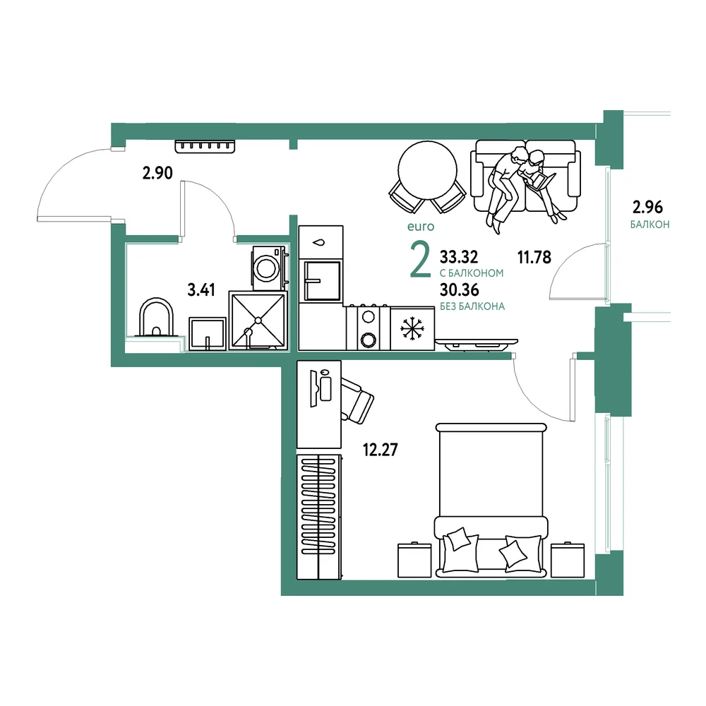 Планировка: Домашний 2-комнатная 33,32м²