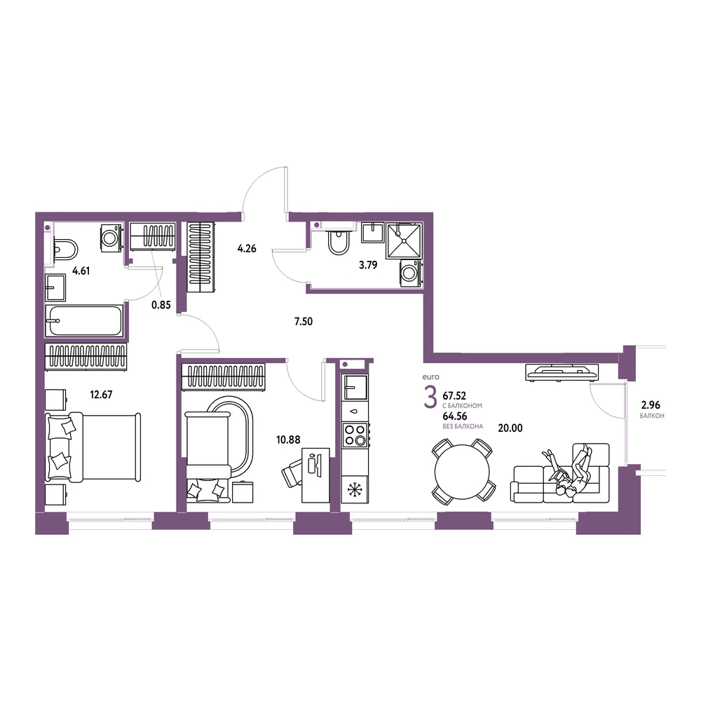 Планировка: Домашний 3-комнатная 67,63м²