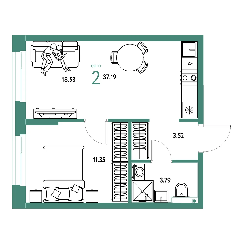 Планировка: Домашний 2-комнатная 37,19м²