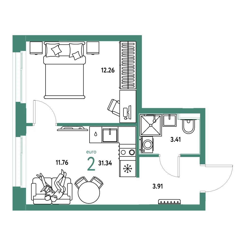 Планировка: Домашний 2-комнатная 31,34м²