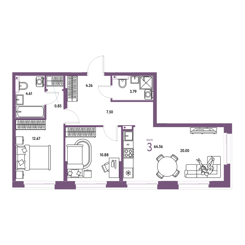 Планировка: Домашний 3-комнатная 64,67м²