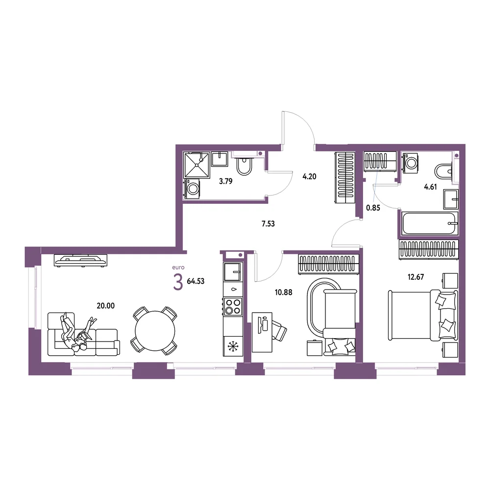 Планировка: Домашний 3-комнатная 64,64м²