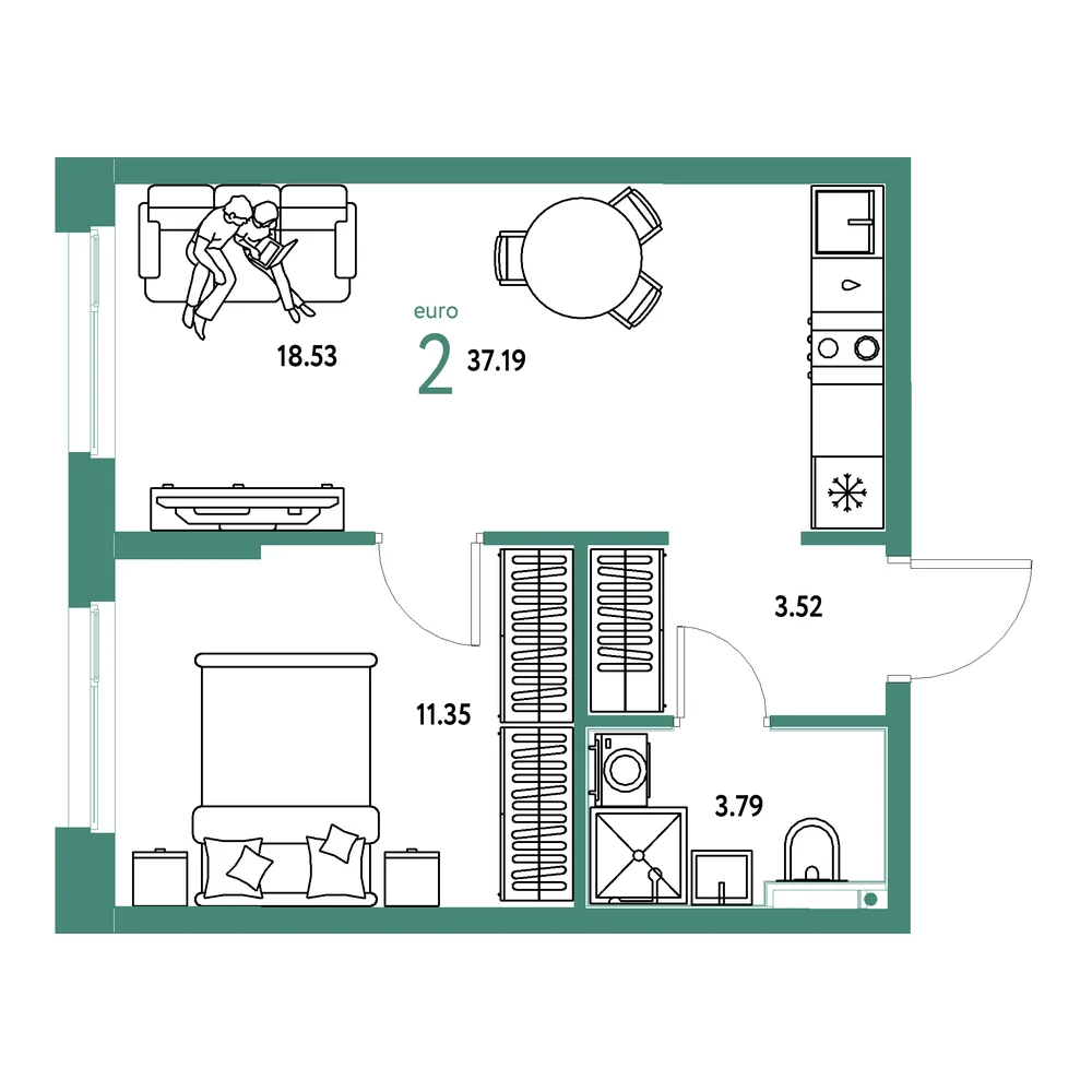 Планировка: Домашний 2-комнатная 37,19м²