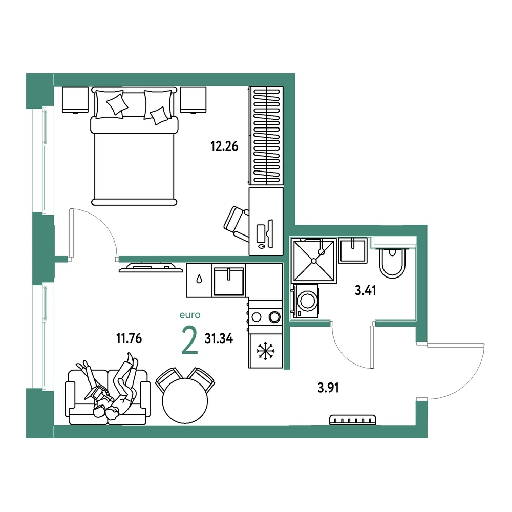 Планировка: Домашний 2-комнатная 31,34м²