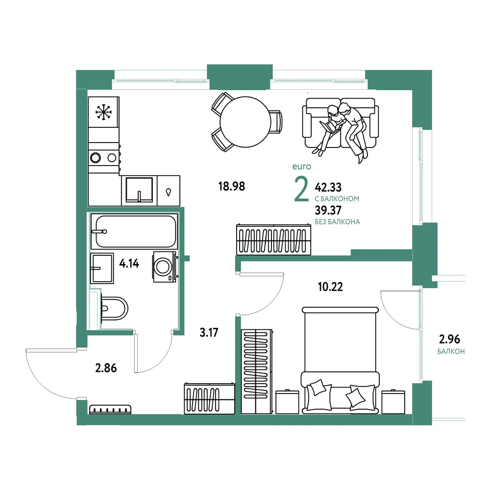 Планировка: Домашний 2-комнатная 42,33м²