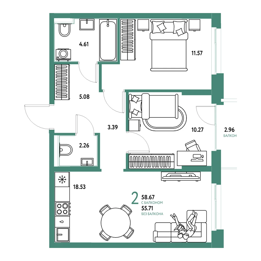 Планировка: Домашний 2-комнатная 58,67м²