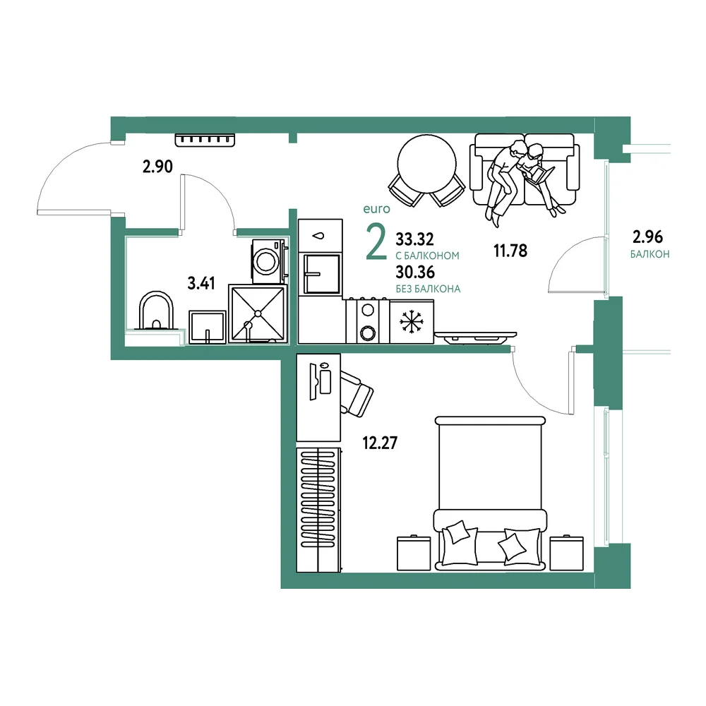 Планировка: Домашний 2-комнатная 33,32м²