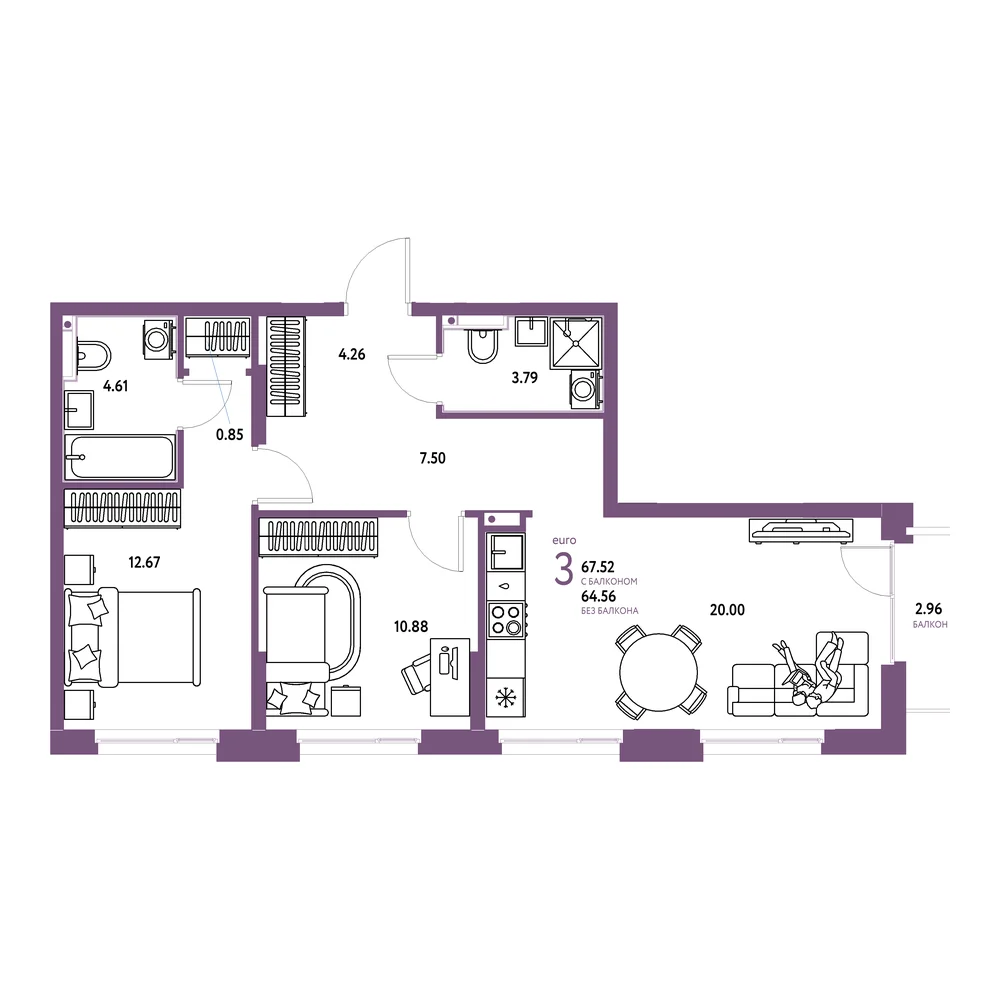 Планировка: Домашний 3-комнатная 67,63м²