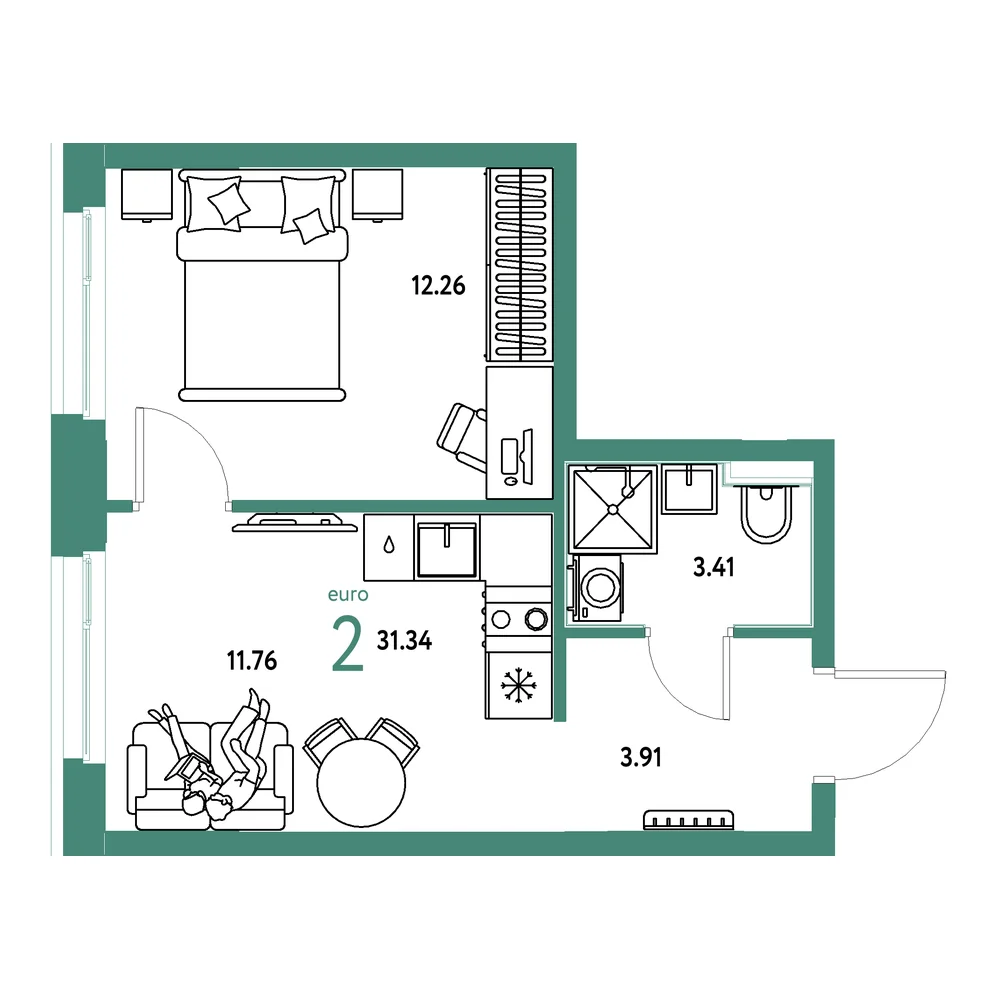 Планировка: Домашний 2-комнатная 31,34м²