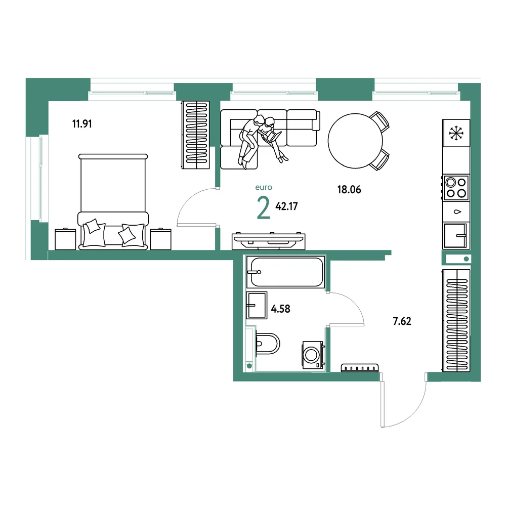 Планировка: Домашний 2-комнатная 42,17м²