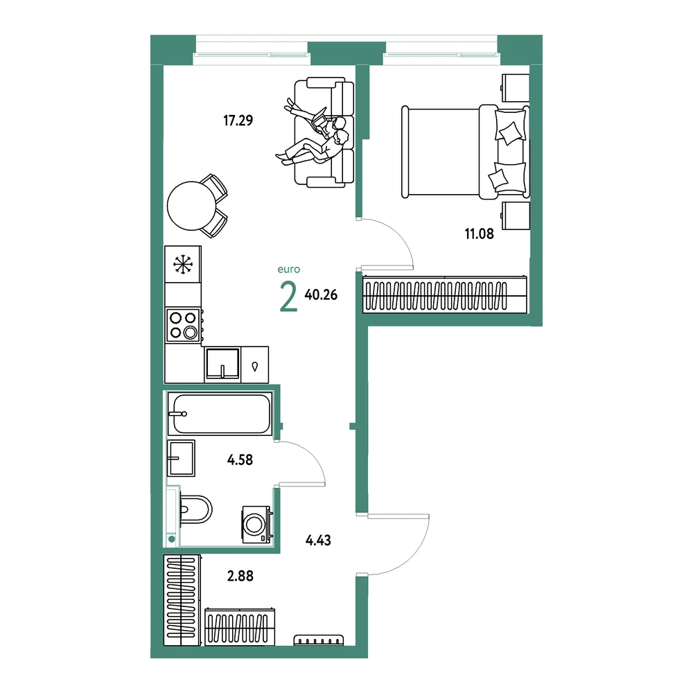 Планировка: Домашний 2-комнатная 40,26м²