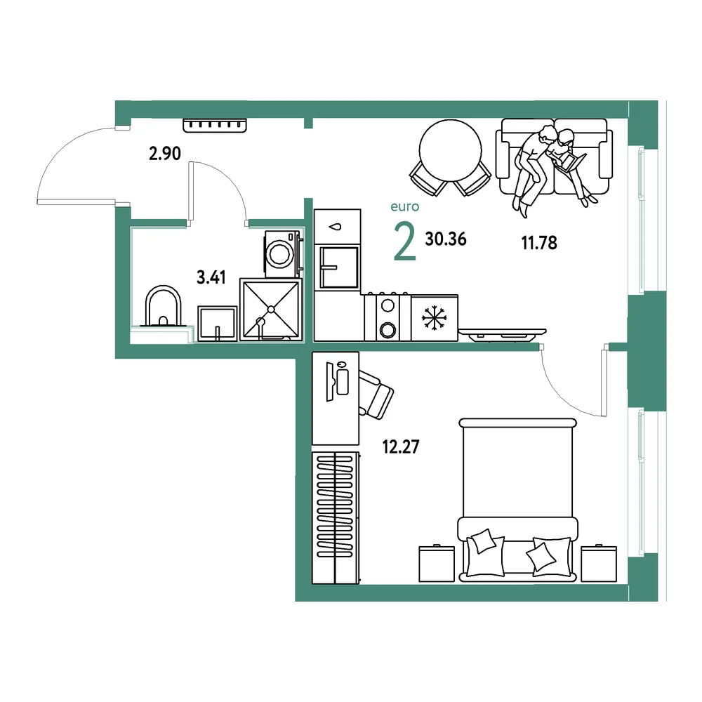 Планировка: Домашний 2-комнатная 30,36м²