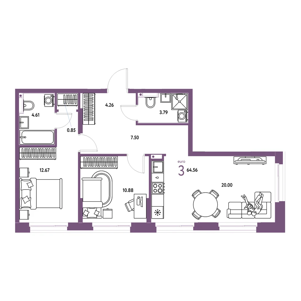 Планировка: Домашний 3-комнатная 64,67м²