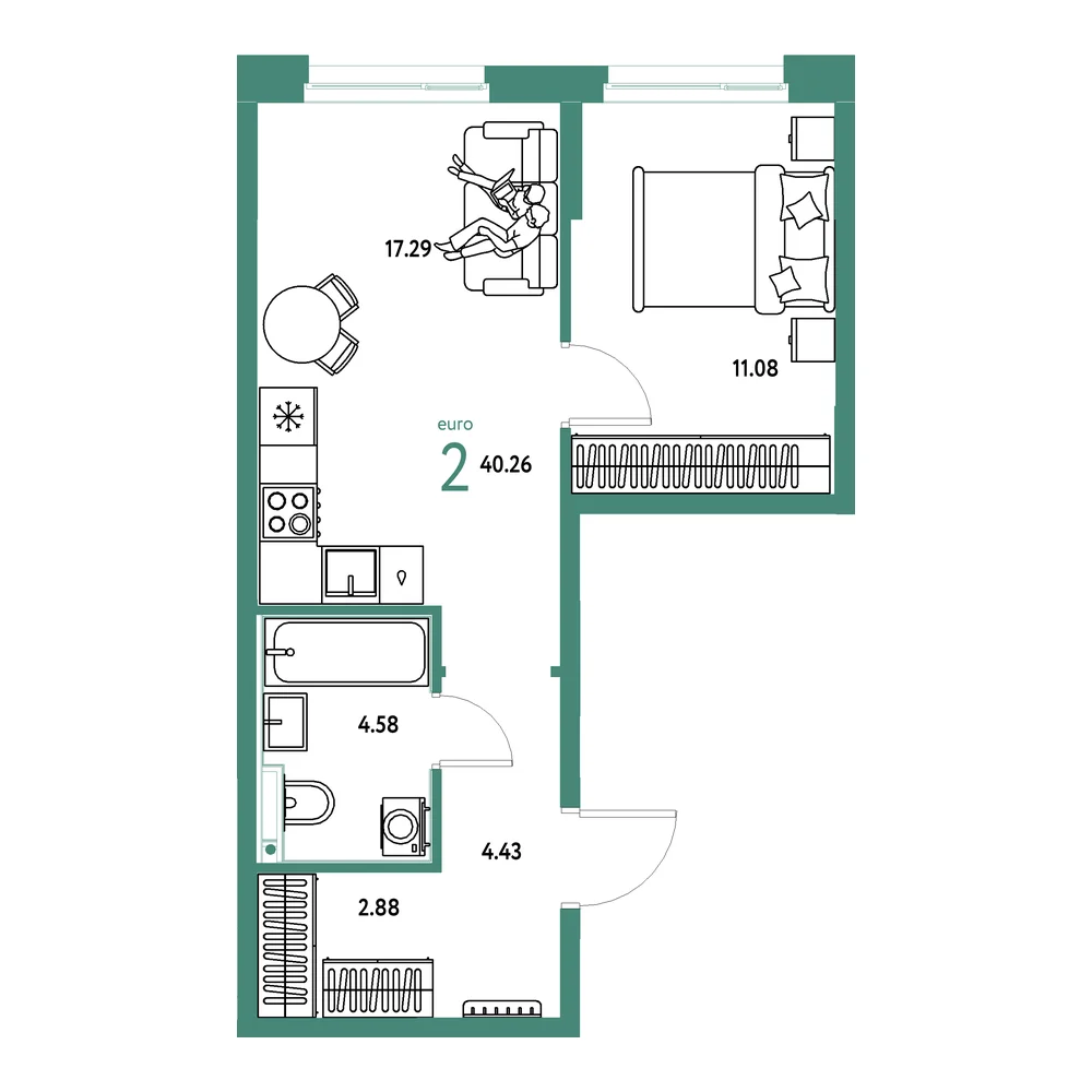 Планировка: Домашний 2-комнатная 40,26м²