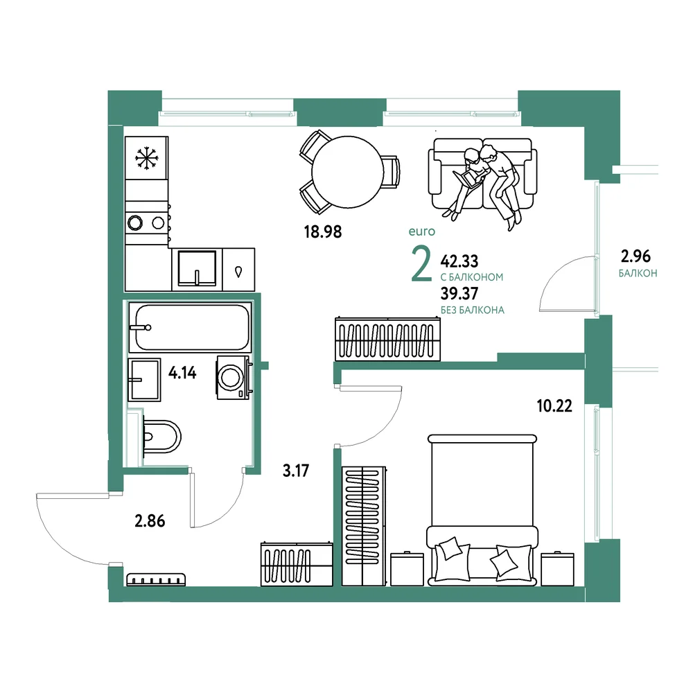 Планировка: Домашний 2-комнатная 42,33м²