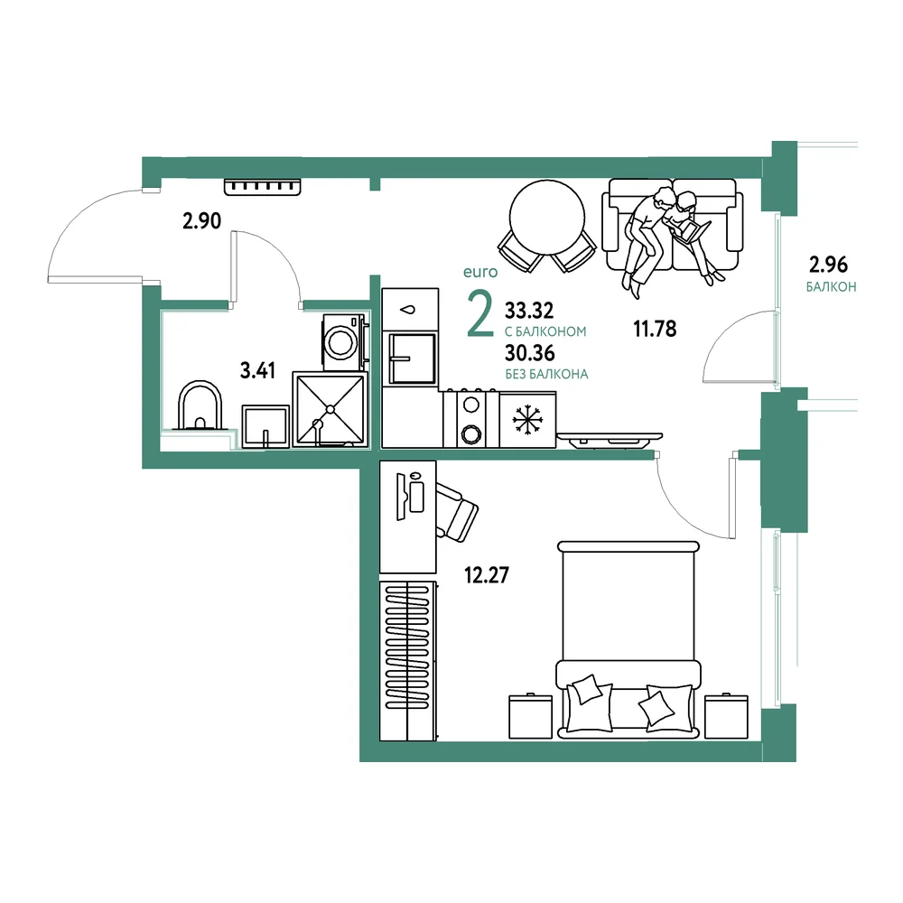 Планировка: Домашний 2-комнатная 33,32м²