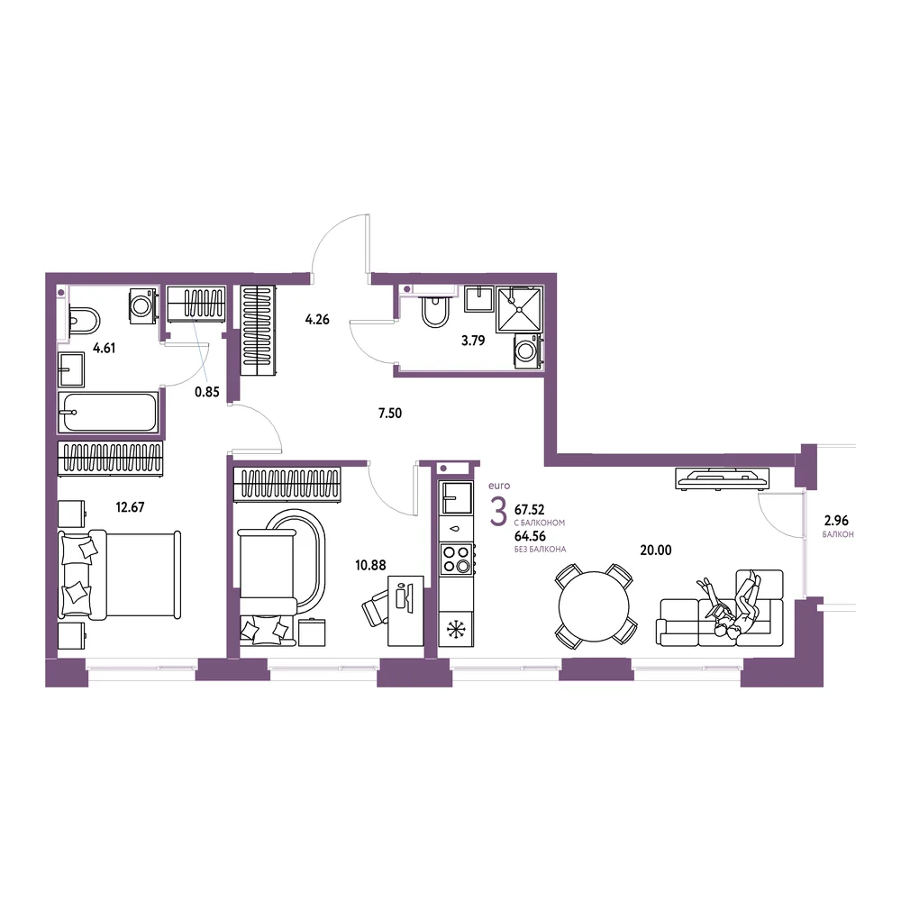 Планировка: Домашний 3-комнатная 67,63м²