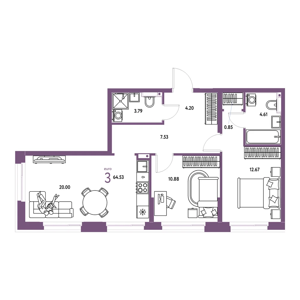 Планировка: Домашний 3-комнатная 64,64м²