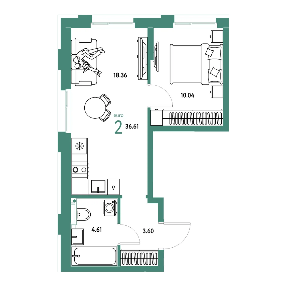 Планировка: Домашний 2-комнатная 36,61м²