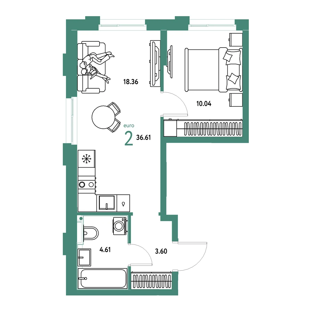 Планировка: Домашний 2-комнатная 36,61м²