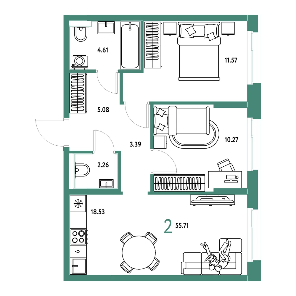 Планировка: Домашний 2-комнатная 55,71м²