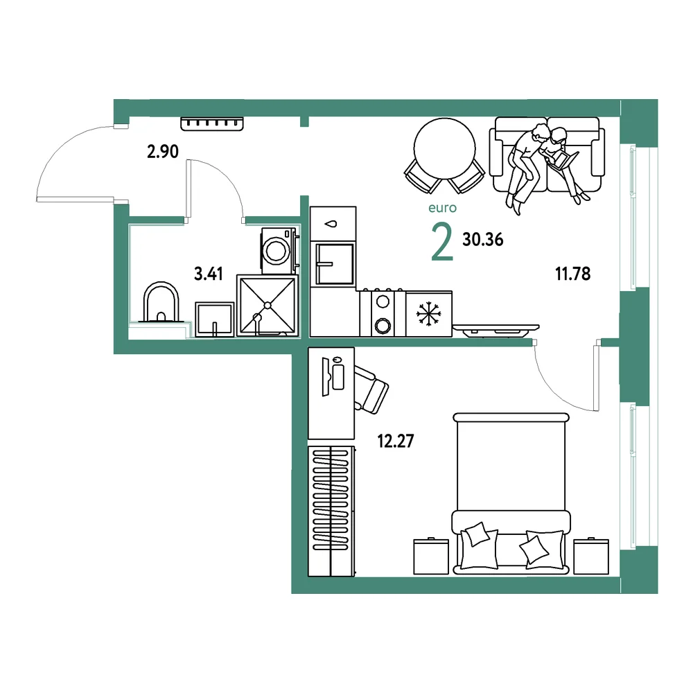 Планировка: Домашний 2-комнатная 30,36м²