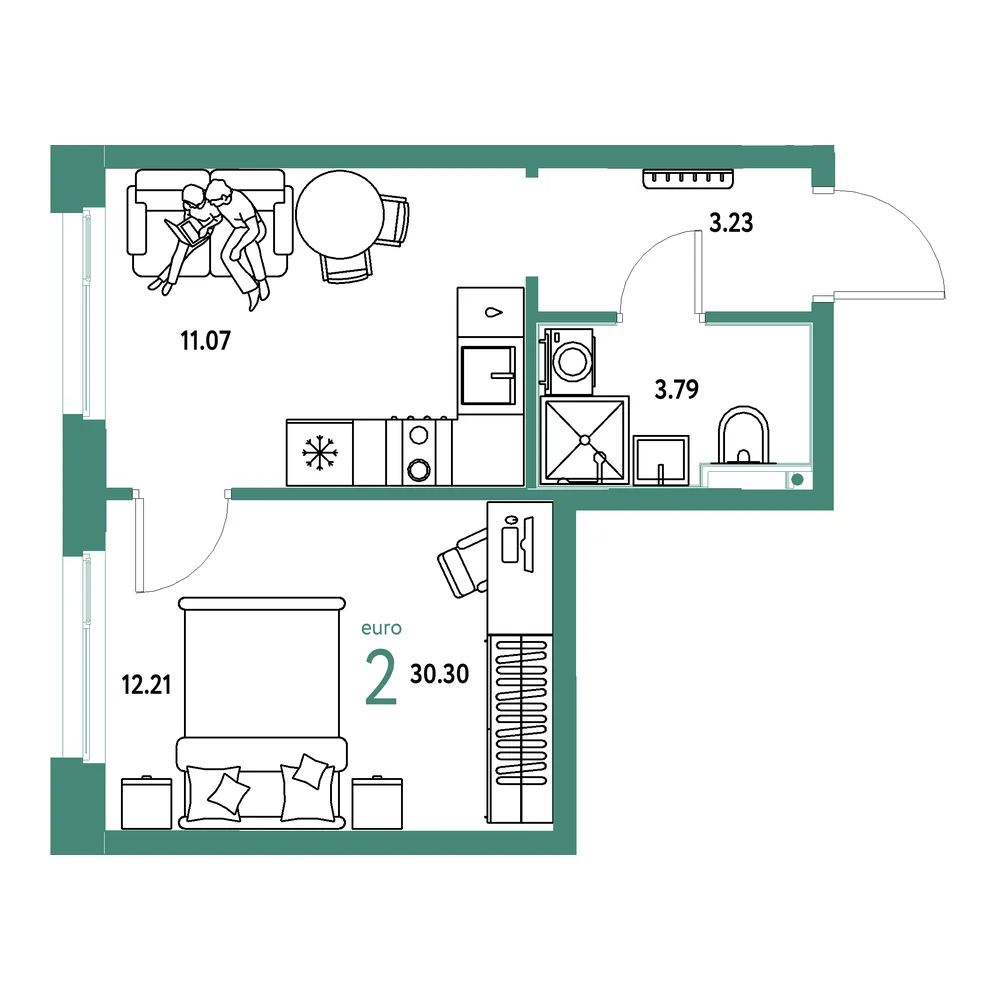Планировка: Домашний 2-комнатная 30,30м²