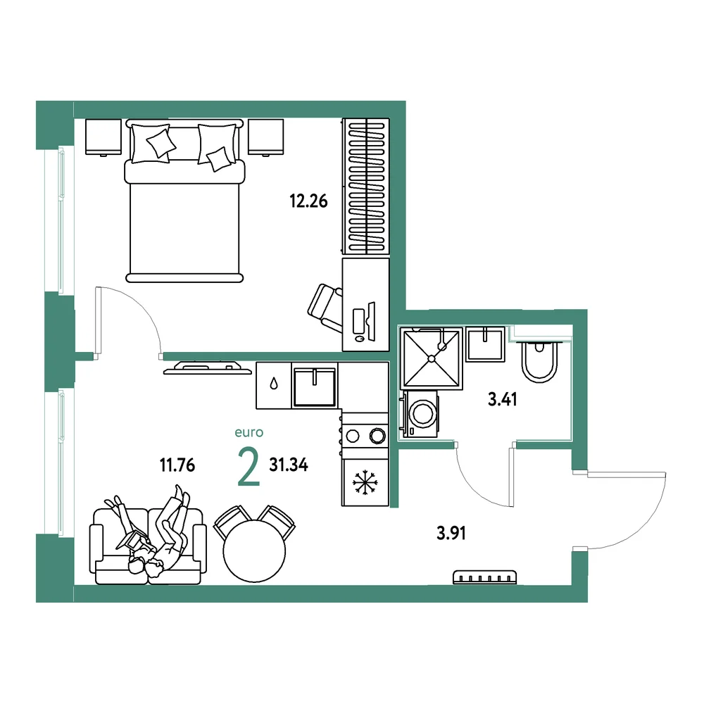 Планировка: Домашний 2-комнатная 31,34м²