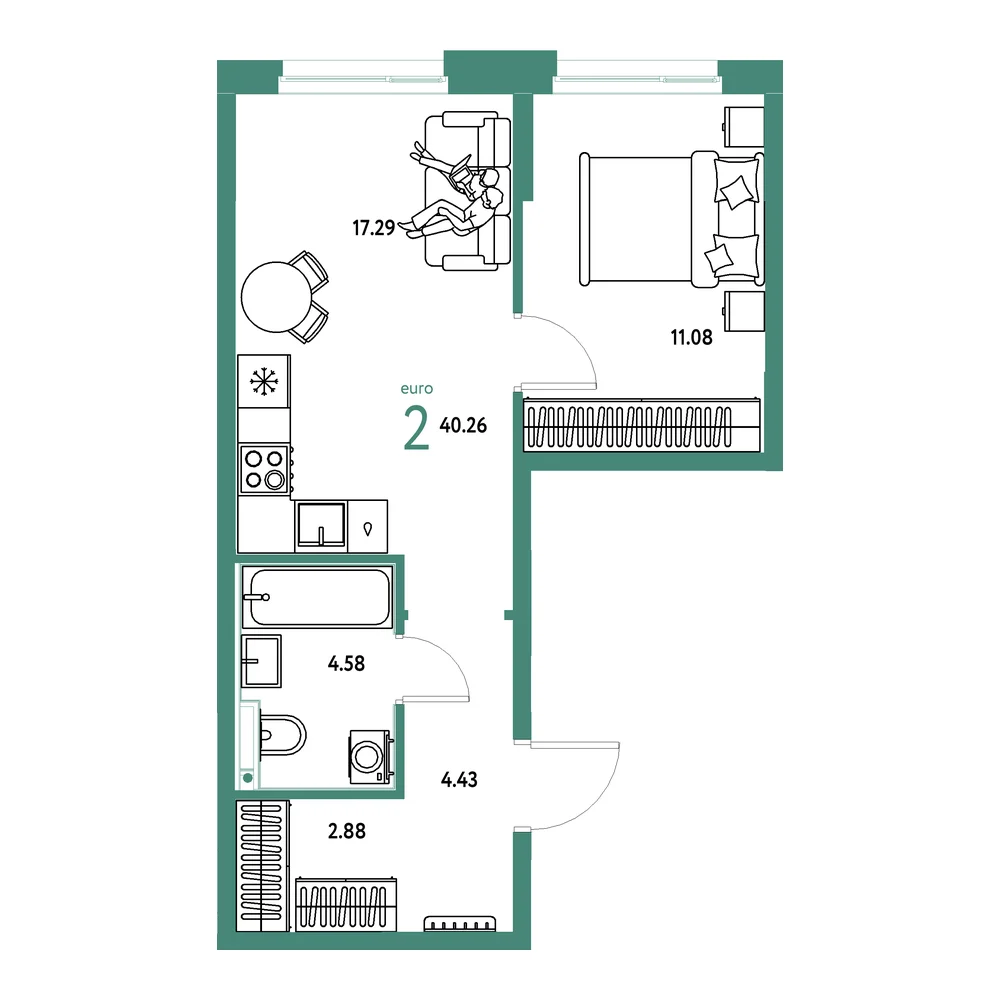 Планировка: Домашний 2-комнатная 40,26м²